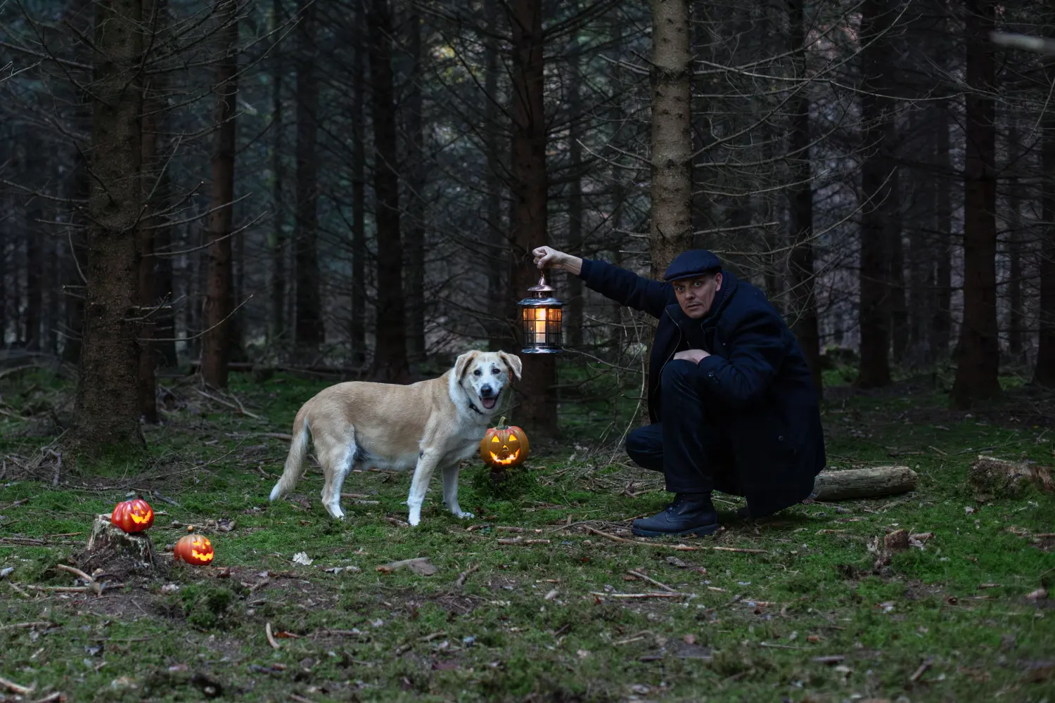 Paulchens-Hundeschule / Hunde-und Tierfotografie - Hundetraining und Fotografie - Ein Mann in einem dunklen Mantel kauert in einem Wald und hält eine Laterne über einen hellen Hund, der von kleinen, leuchtenden Kürbissen umgeben ist.