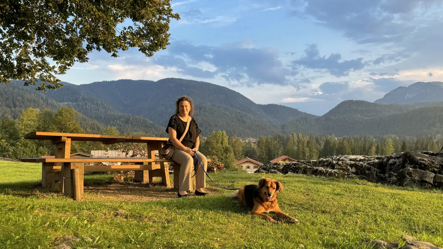 Paulchens-Hundeschule / Hunde-und Tierfotografie - Hundetraining und Fotografie - Eine Frau in dunkler Kleidung und beigen Hosen sitzt auf einem hölzernen Picknicktisch auf einer Wiese. In der Nähe liegt ein großer, brauner Hund, im Hintergrund sind Berge zu sehen.
